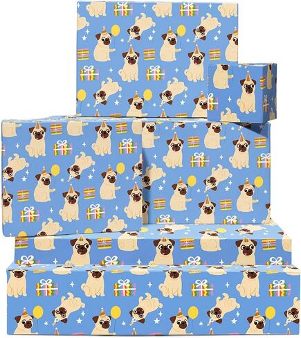 CENTRAL 23 Pug Wrapping Paper - 6 Sheets of Blue Dog Gift Wrap with Party Hats and Balloons - Birthday Wrapping Paper for Dog Lovers, Kids, Men, Women, Pets - Christmas Parties - Recyclable in Saudi Arabia