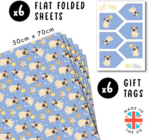 CENTRAL 23 Pug Wrapping Paper - 6 Sheets of Blue Dog Gift Wrap with Party Hats and Balloons - Birthday Wrapping Paper for Dog Lovers, Kids, Men, Women, Pets - Christmas Parties - Recyclable in Saudi Arabia