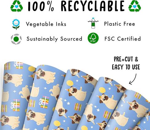 CENTRAL 23 Pug Wrapping Paper - 6 Sheets of Blue Dog Gift Wrap with Party Hats and Balloons - Birthday Wrapping Paper for Dog Lovers, Kids, Men, Women, Pets - Christmas Parties - Recyclable in Saudi Arabia