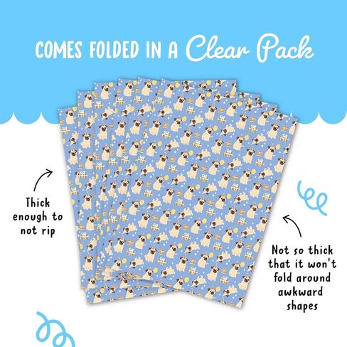 CENTRAL 23 Pug Wrapping Paper - 6 Sheets of Blue Dog Gift Wrap with Party Hats and Balloons - Birthday Wrapping Paper for Dog Lovers, Kids, Men, Women, Pets - Christmas Parties - Recyclable in Saudi Arabia
