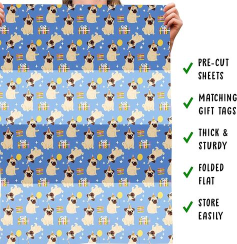 CENTRAL 23 Pug Wrapping Paper - 6 Sheets of Blue Dog Gift Wrap with Party Hats and Balloons - Birthday Wrapping Paper for Dog Lovers, Kids, Men, Women, Pets - Christmas Parties - Recyclable in Saudi Arabia