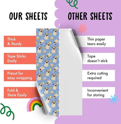 CENTRAL 23 Pug Wrapping Paper - 6 Sheets of Blue Dog Gift Wrap with Party Hats and Balloons - Birthday Wrapping Paper for Dog Lovers, Kids, Men, Women, Pets - Christmas Parties - Recyclable in Saudi Arabia