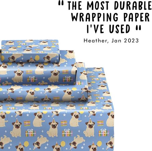 CENTRAL 23 Pug Wrapping Paper - 6 Sheets of Blue Dog Gift Wrap with Party Hats and Balloons - Birthday Wrapping Paper for Dog Lovers, Kids, Men, Women, Pets - Christmas Parties - Recyclable in Saudi Arabia