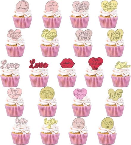21pcs Valentine's Day Cake Toppers, Acrylic Cupcake Decorations, Heart-Shaped, Lip-Shaped, Letter Toppers, Red, Gold, Rose Gold in Kuwait