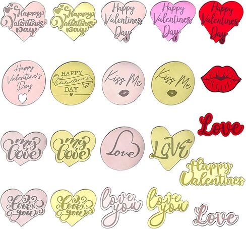 21pcs Valentine's Day Cake Toppers, Acrylic Cupcake Decorations, Heart-Shaped, Lip-Shaped, Letter Toppers, Red, Gold, Rose Gold in Kuwait