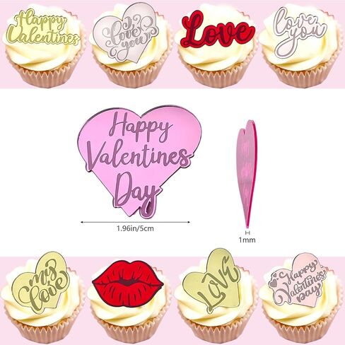 21pcs Valentine's Day Cake Toppers, Acrylic Cupcake Decorations, Heart-Shaped, Lip-Shaped, Letter Toppers, Red, Gold, Rose Gold in Kuwait