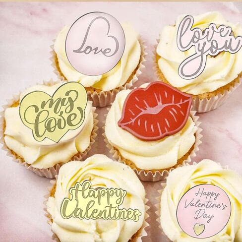 21pcs Valentine's Day Cake Toppers, Acrylic Cupcake Decorations, Heart-Shaped, Lip-Shaped, Letter Toppers, Red, Gold, Rose Gold in Kuwait