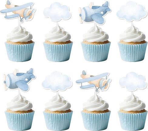 36Pcs Airplane Cupcake Toppers Airplane Birthday Decorations Blue Plane Cloud Cake Decorations for Boys Girls Plane Aviation Themed Birthday Baby Shower Bridal Shower Wedding Party Supplies in Saudi Arabia