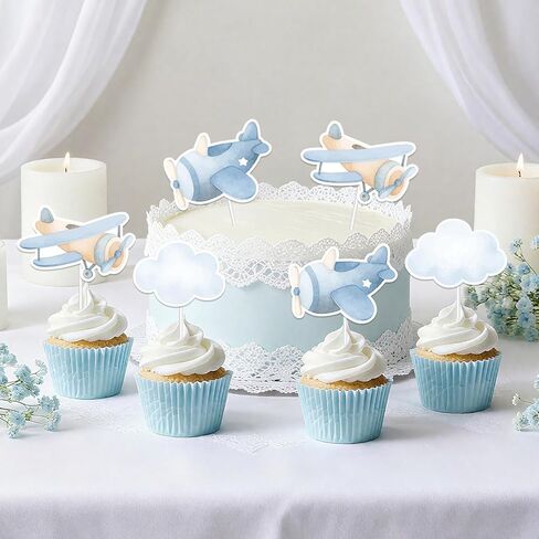 36Pcs Airplane Cupcake Toppers Airplane Birthday Decorations Blue Plane Cloud Cake Decorations for Boys Girls Plane Aviation Themed Birthday Baby Shower Bridal Shower Wedding Party Supplies in Saudi Arabia