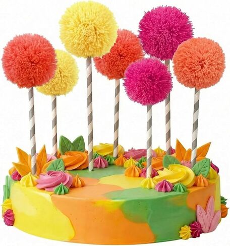 Amyhill 24 Pcs Fluffy Pom Pom Cake Toppers Multicolor Ball Cake Toppers Bright Yellow Coral Orange Hot Pink Cupcakes Decoration for Birthday Festive Read Across America Week Party Displays in Saudi Arabia