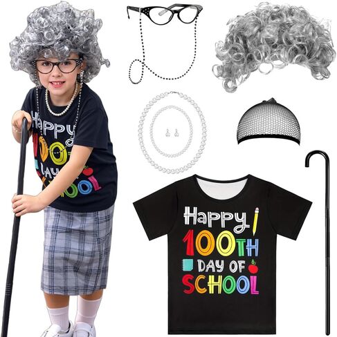 Kids Old Lady Costume for Girls 100 Days of School Costume Granny Dress Up Grandma Outfit T-shirt With Accessories in Saudi Arabia