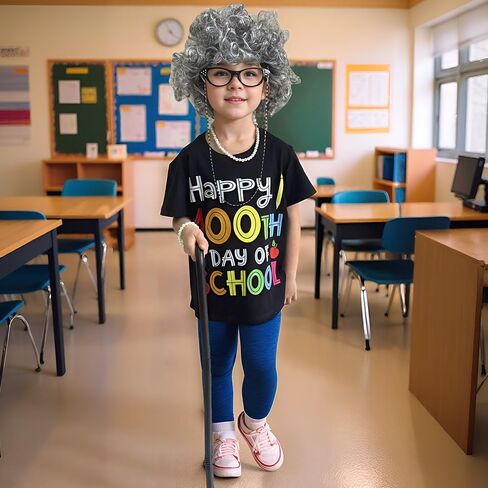 Kids Old Lady Costume for Girls 100 Days of School Costume Granny Dress Up Grandma Outfit T-shirt With Accessories in Saudi Arabia
