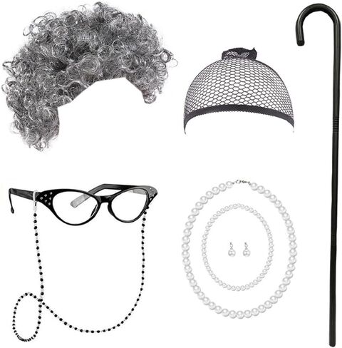 Kids Old Lady Costume for Girls 100 Days of School Costume Granny Dress Up Grandma Outfit T-shirt With Accessories in Saudi Arabia