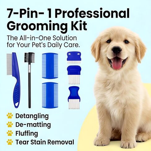 7 Pack Stainless Steel Dog Cat Grooming Combs Flea Lice Comb Dematting Comb With Rounded Teeth Double Sided Pet Tear Stain Remover Pet Lice Combs Set for Small Medium Large Pets in Saudi Arabia