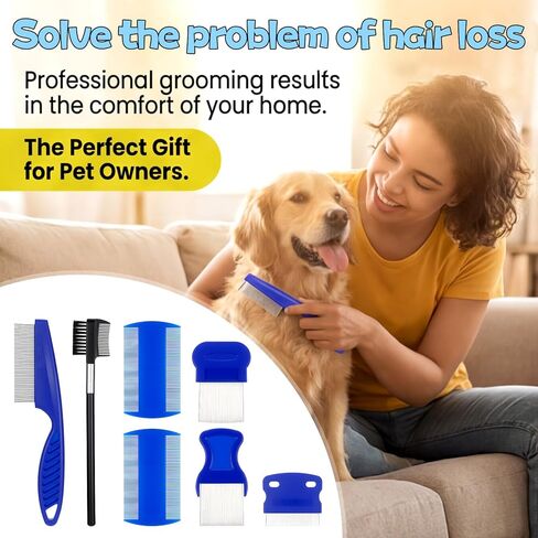 7 Pack Stainless Steel Dog Cat Grooming Combs Flea Lice Comb Dematting Comb With Rounded Teeth Double Sided Pet Tear Stain Remover Pet Lice Combs Set for Small Medium Large Pets in Saudi Arabia