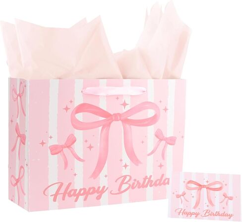 ACO-UINT Happy Birthday Gift Bags for Women Pink Bow Gift Bag with Tissue Paper and Ribbon Handles Pink Birthday Card, Clearly Printed in Saudi Arabia