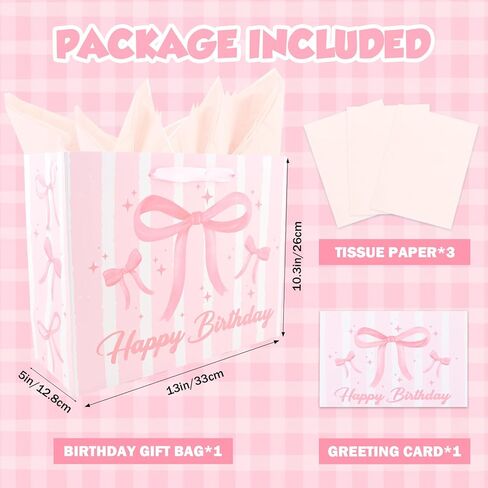 ACO-UINT Happy Birthday Gift Bags for Women Pink Bow Gift Bag with Tissue Paper and Ribbon Handles Pink Birthday Card, Clearly Printed in Saudi Arabia