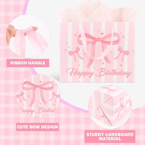 ACO-UINT Happy Birthday Gift Bags for Women Pink Bow Gift Bag with Tissue Paper and Ribbon Handles Pink Birthday Card, Clearly Printed in Saudi Arabia