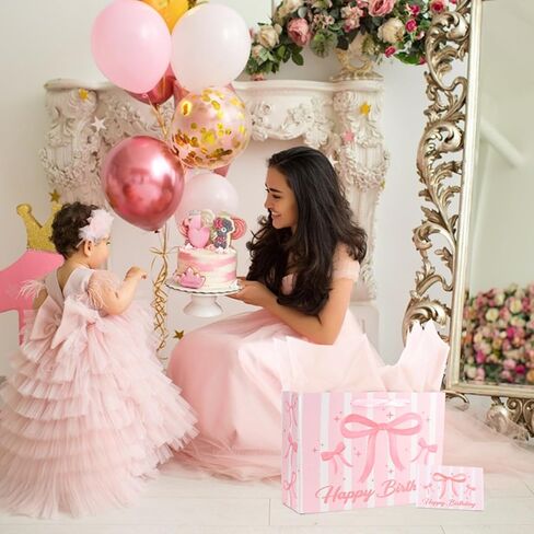 ACO-UINT Happy Birthday Gift Bags for Women Pink Bow Gift Bag with Tissue Paper and Ribbon Handles Pink Birthday Card, Clearly Printed in Saudi Arabia