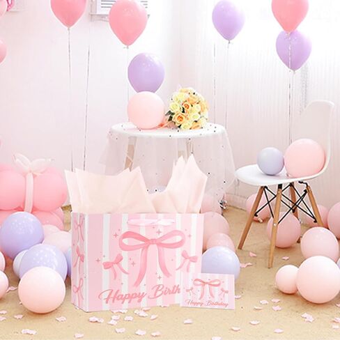ACO-UINT Happy Birthday Gift Bags for Women Pink Bow Gift Bag with Tissue Paper and Ribbon Handles Pink Birthday Card, Clearly Printed in Saudi Arabia