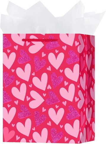 OFIHANLY 12.6" Medium Size Happy Valentine's Day Gift Bags with Handles for Women Men Pink Heart Paper Gift Wrap Bags with Tissue Paper for Kids in Kuwait