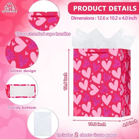 OFIHANLY 12.6" Medium Size Happy Valentine's Day Gift Bags with Handles for Women Men Pink Heart Paper Gift Wrap Bags with Tissue Paper for Kids in Kuwait