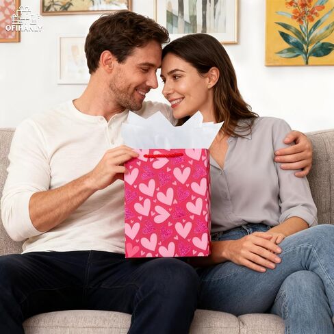 OFIHANLY 12.6" Medium Size Happy Valentine's Day Gift Bags with Handles for Women Men Pink Heart Paper Gift Wrap Bags with Tissue Paper for Kids in Kuwait