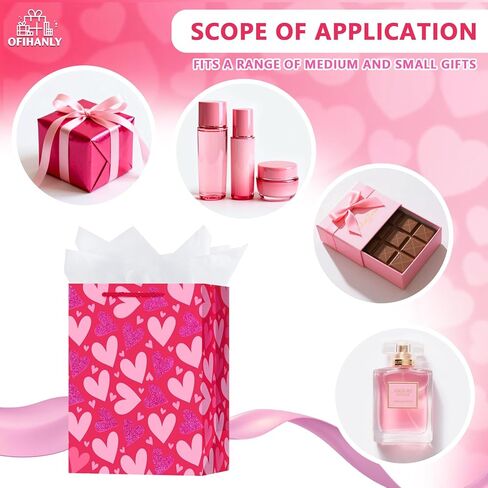 OFIHANLY 12.6" Medium Size Happy Valentine's Day Gift Bags with Handles for Women Men Pink Heart Paper Gift Wrap Bags with Tissue Paper for Kids in Kuwait