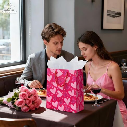 OFIHANLY 12.6" Medium Size Happy Valentine's Day Gift Bags with Handles for Women Men Pink Heart Paper Gift Wrap Bags with Tissue Paper for Kids in Kuwait