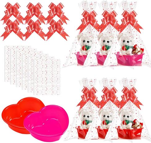 Threehoney 6 Set Valentines Day Heart Basket Plastic Empty Gifts Baskets with Cellophane Bags and Pull Bows Ribbons for Valentine Gift Filling (Red, Pink) in Saudi Arabia