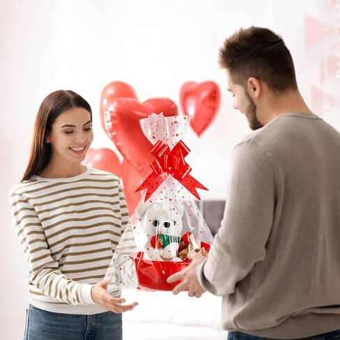Threehoney 6 مجموعة عيد الحب سلة القلب سلال الهدايا البلاستيكية الفارغة مع أكياس السيلوفان وأشرطة سحب الأقواس لملء هدية عيد الحب (الأحمر والوردي) in Kuwait