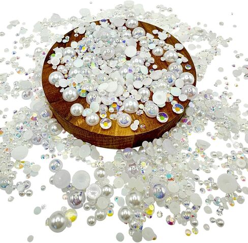 1800PCS Flatback Pearls & Rhinestones, Mixed Size Half Pearl Rhinestone, Shining Resin Decorations for Crafts Bottles Tumblers Clothes Dress Shoes Face Painting Making Nail Art Making Embellishments in Kuwait
