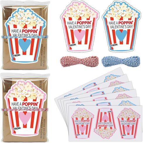 48 Pcs Valentine's Day Popcorn Writable Stickers with Self-adhesive and Strings Popcorn Labels Valentine's Day Gift Popcorns Tags for Popcorns Favors School Decor in Saudi Arabia