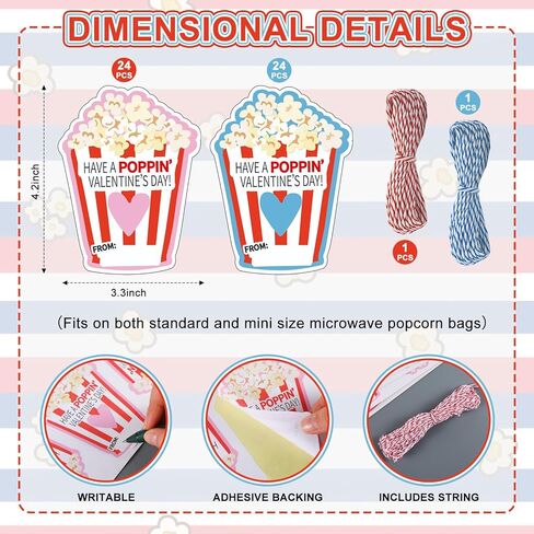 48 Pcs Valentine's Day Popcorn Writable Stickers with Self-adhesive and Strings Popcorn Labels Valentine's Day Gift Popcorns Tags for Popcorns Favors School Decor in Saudi Arabia