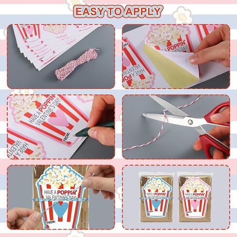 48 Pcs Valentine's Day Popcorn Writable Stickers with Self-adhesive and Strings Popcorn Labels Valentine's Day Gift Popcorns Tags for Popcorns Favors School Decor in Saudi Arabia