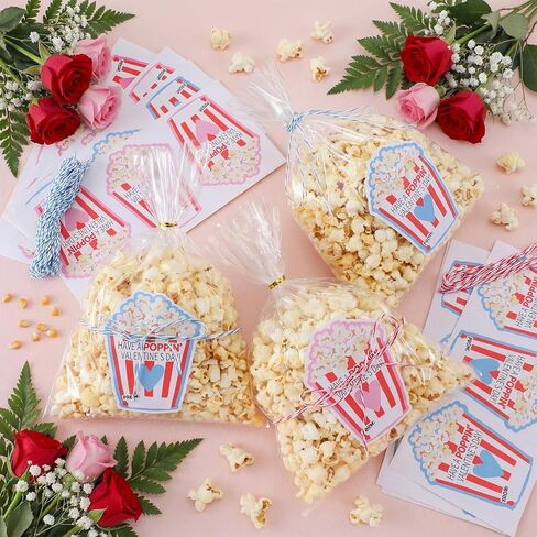 48 Pcs Valentine's Day Popcorn Writable Stickers with Self-adhesive and Strings Popcorn Labels Valentine's Day Gift Popcorns Tags for Popcorns Favors School Decor in Saudi Arabia