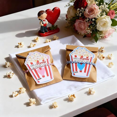 48 Pcs Valentine's Day Popcorn Writable Stickers with Self-adhesive and Strings Popcorn Labels Valentine's Day Gift Popcorns Tags for Popcorns Favors School Decor in Saudi Arabia