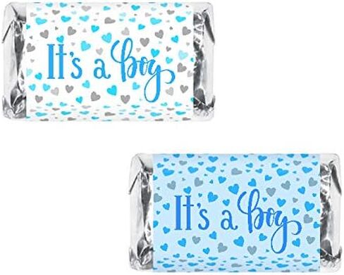 60 It's a Boy Blue Baby Shower Miniatures Candy Bar Wrapper and Stickers Decorations, Made in USA (Candy Not Included) in Saudi Arabia