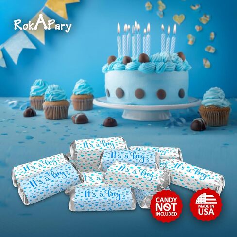 60 It's a Boy Blue Baby Shower Miniatures Candy Bar Wrapper and Stickers Decorations, Made in USA (Candy Not Included) in Saudi Arabia