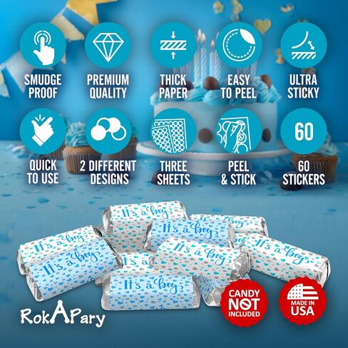 60 It's a Boy Blue Baby Shower Miniatures Candy Bar Wrapper and Stickers Decorations, Made in USA (Candy Not Included) in Saudi Arabia