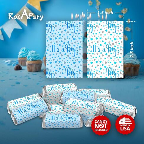 60 It's a Boy Blue Baby Shower Miniatures Candy Bar Wrapper and Stickers Decorations, Made in USA (Candy Not Included) in Saudi Arabia