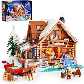 Aurora-Cabin Christmas Lighting-Building-Bricks Set - 2425 Pcs Retro House Winter Lodge LED Light Construction Building Christmas Village Model Set for Adults and Families in Kuwait