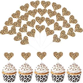 36pcs Leopard Cupcake Toppers, Cheetah Print Cupcake Toppers, Animal Heart Print Cupcakes Topper for Bachelorette Bridal Animal Theme Birthday Party Decorations Supplies in Kuwait