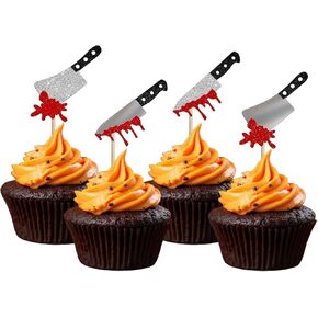 24 PCS Halloween Cupcake Toppers, Silver and Glitter Horror Blood Knife Food Picks, Have a Killer Birthday Cake Decorations for Halloween Birthday Party Supplies in Saudi Arabia