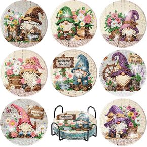 askkqtx 8 Pcs Gnome Diamond Art Coasters Kits with Holder, Flowers Diamond Painting Coasters Kits for Adults, DIY 5D Diamond Dots Small Mini Kit Full Drill Art Craft Supplies 4X4 Inch in Kuwait