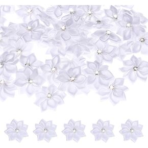 Satin Ribbon Flowers Bows, 50 Pcs 1.1 Inch Satin Flowers Mini Flowers for Crafts Rhinestone Flower Ornament Appliques for Wedding Party Home Decor DIY Crafts Gift Wrapping (White) in Saudi Arabia