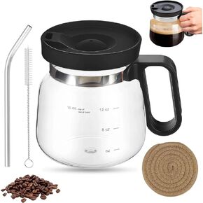 16 Oz Glass Coffee Pot Mug, Mini Coffee Pot Cup, Novelty Heatproof Large Capacity Clear Cup with Handle & Spill Proof Lid, Comes Straw & Coasters, Ideal Gift for Coffee Lovers in Saudi Arabia