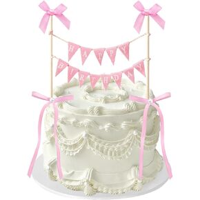 11 PCS Pink Bow Ribbon Cake Topper Happy Birthday Banner Cake Topper with Wood Pole Handmade Pennant Flags with 10 Bow Ribbon Suitable for Princess Birthday Bridal Party Decorations (Pink) in Kuwait