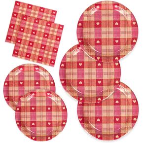 72Pcs Vintage Valentine Love Heart Plaid Tableware Set Retro Disposable Paper Plates and Napkins for 24 Guests Mother's Day Wedding Anniversary Romantic Party Supplies in Saudi Arabia
