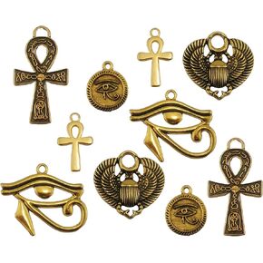 Egyptian Charm Pendant Set 10 Pieces Antique Gold Plated Ankh Cross, Eye of Horus, Scarab Beetle Collection CC07112023 in Saudi Arabia